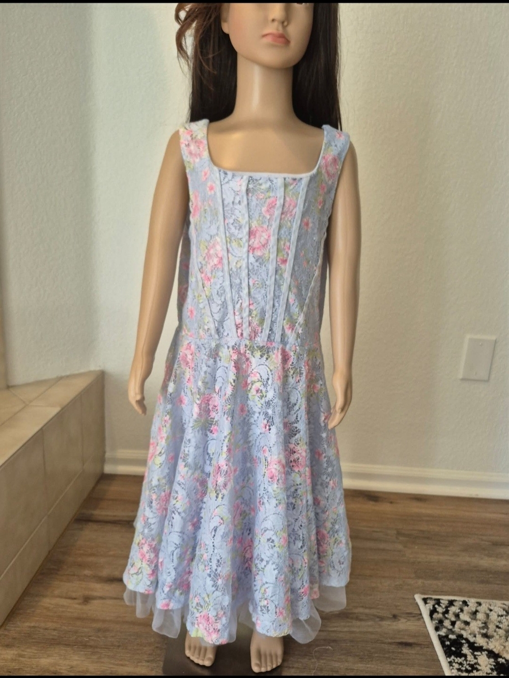 Mi Light Blue Floral Lace Formal Dress with Pink Accents